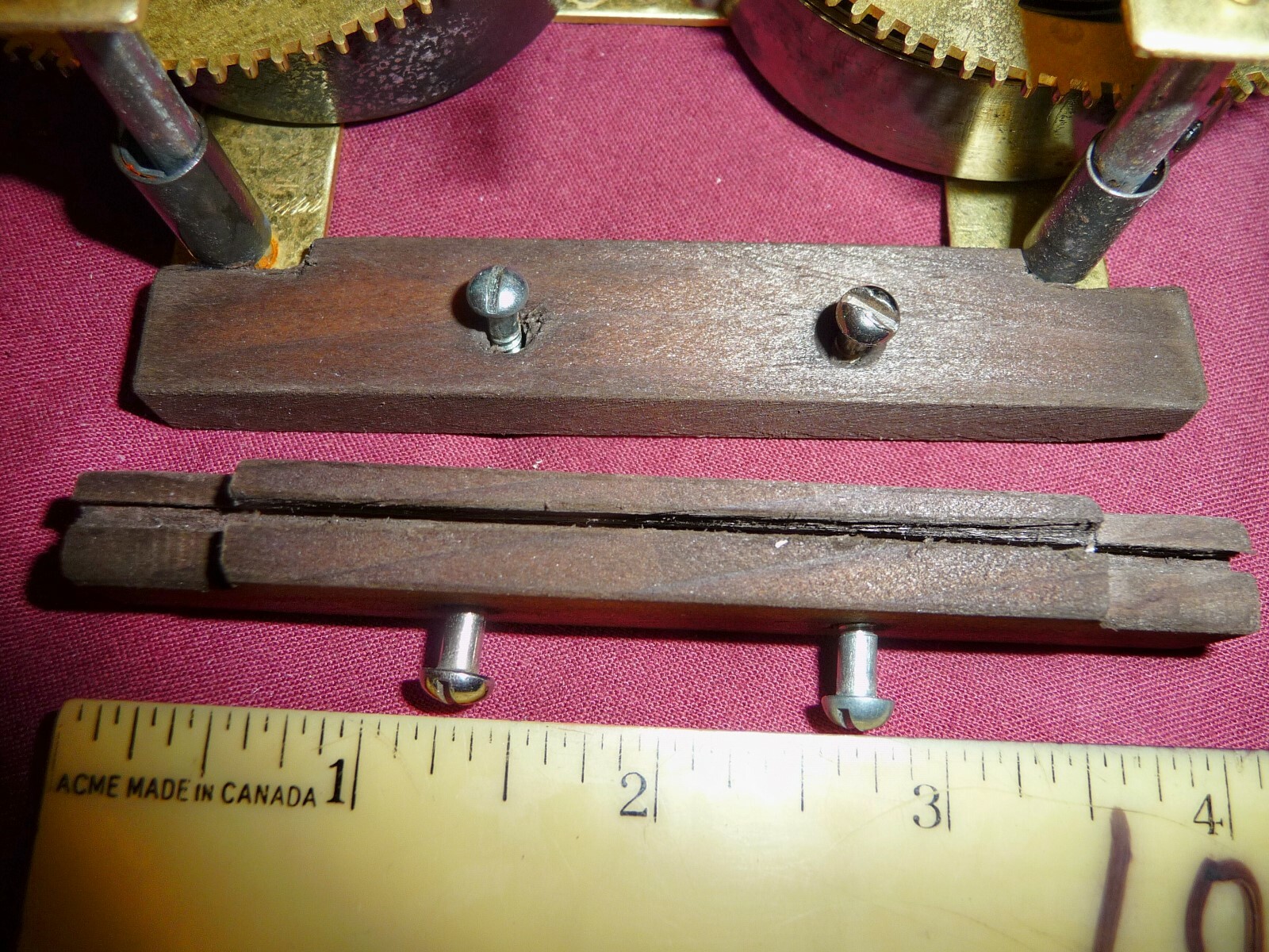 2 Wood Mounting Blocks for Brass Movements Antique Clock Parts + Screws