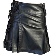Warrior Handmade Strap-Adjustable Partywear Black Cow LARP Leather Kilt, For Men
