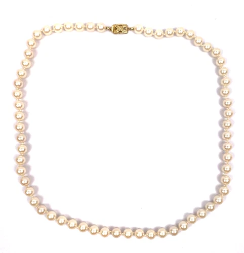 Monet Pearl Necklace 24” Single Strand Gold Tone Clasp Vintage Costume Jewelry