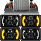 4pcs 80W 4x6 Inch LED Headlights DRL Turn Singal High/Low For Peterbilt Kenworth