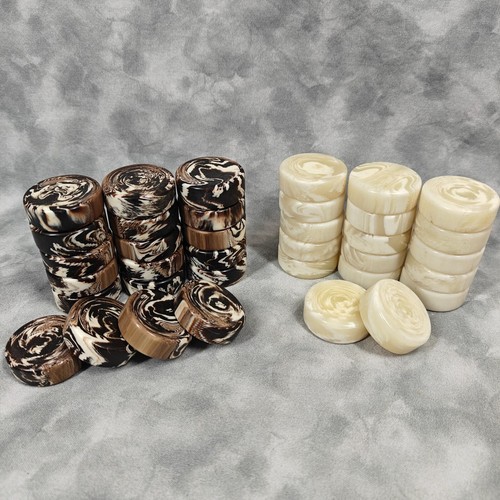 Set of 30+ Catalin Bakelite 1.5" Backgammon Chips Mocha Swirl & Ivory Cream 599g