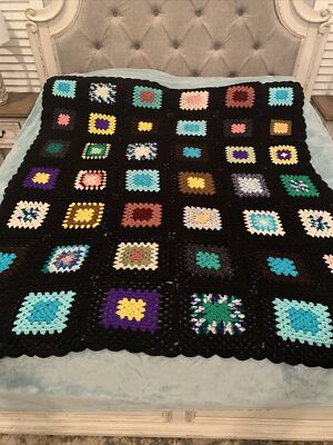 VTG Granny Square Black Afghan Crochet Throw Blanket Roseanne 62x68 SOME PILLING