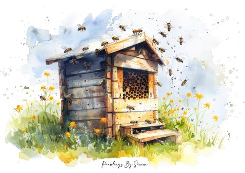 Delightful Watercolor Bee Hive Painting Watercolor Painting Print 5"x7" on Paper - Picture 3 of 7