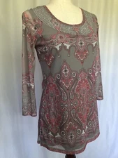 INC International Concepts Womens Beaded Tunic Taupe Paisley, Small Petite