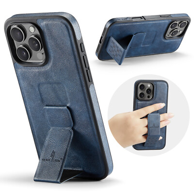 For iPhone 13 15 16 17 Pro Max PU Leather Case w/ Foldable Grip Strap Kickstand