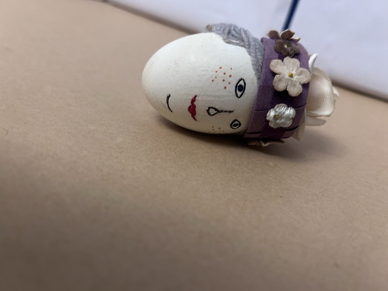VTG preserved egg easter decoration purple flower hat gray hair lady