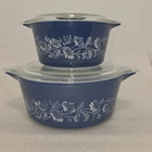 2 VTG PYREX Blue Colonial Mist Casserole Dishes w/Lids 475 & 473 chip on Lid