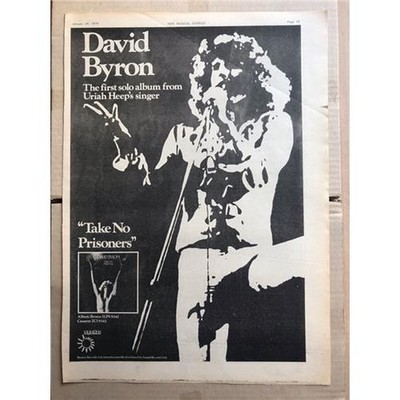 DAVID BYRON TAKE NO PRISONERS POSTER SIZED original music press advert from 1976