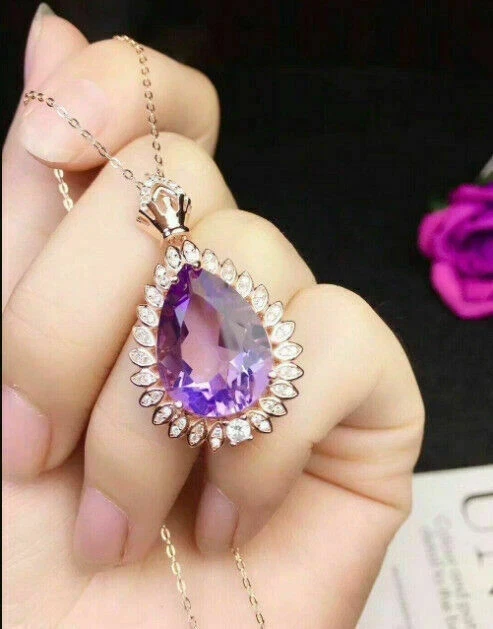 Collar Colgante Halo Amatista Corte Pera 3Ct Acabado Oro Rosa 14K Cadena Gratis 18 Foto 3 de 3