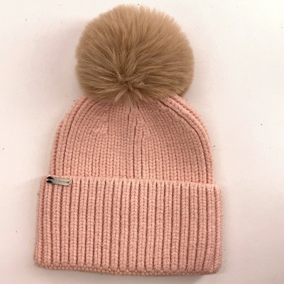 Steve Madden pastel pink ribbon knit large pom-pom winter hat