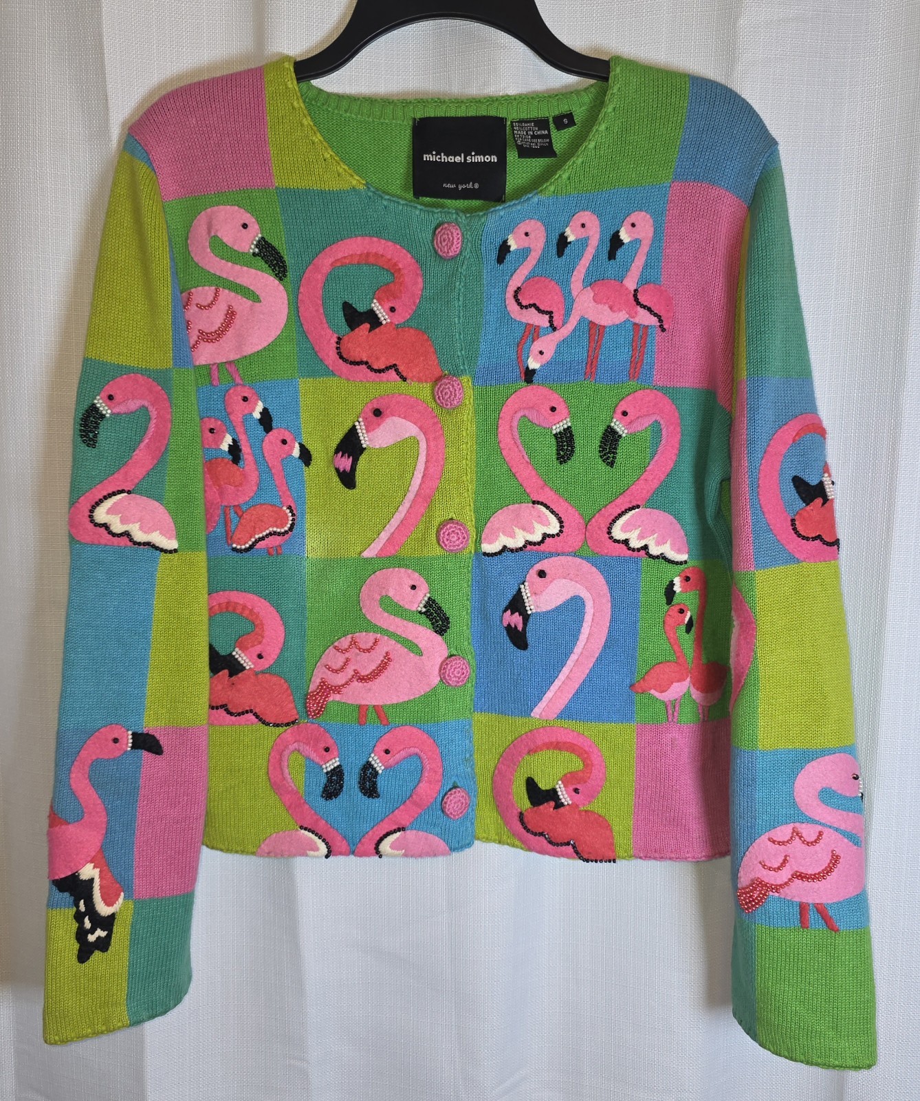 Vtg Michael Simon Flamingo Patchwork Cardigan Swe… - image 1