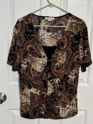 Claudia Richard Blouse Top V-Neck Lined Women’s Size 2X Brown Paisley - Afbeelding 1 van 16