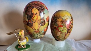 2 Antique German Red Easter Egg Papermache Candy Container 5 6 5 "H Rabbit