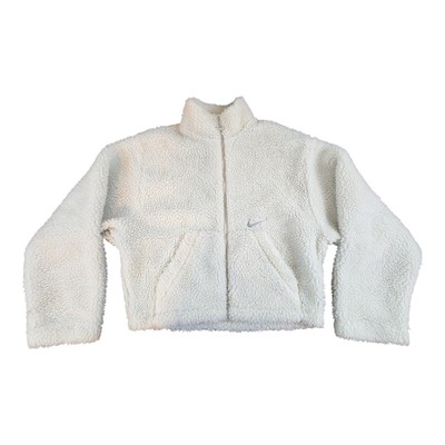 Nike white cream Sherpa fleece jacket sz Med. lined cropped big swoosh 