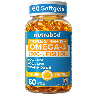 Nutrabud Omega 3 Fish Oil 60 Softgels 2500mg EPA DHA Vitamin D E Lemon