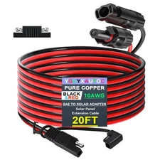 10AWG 20FT Solar Adapter to SAE Extension Cable, Male & Female Sola... Fast Ship