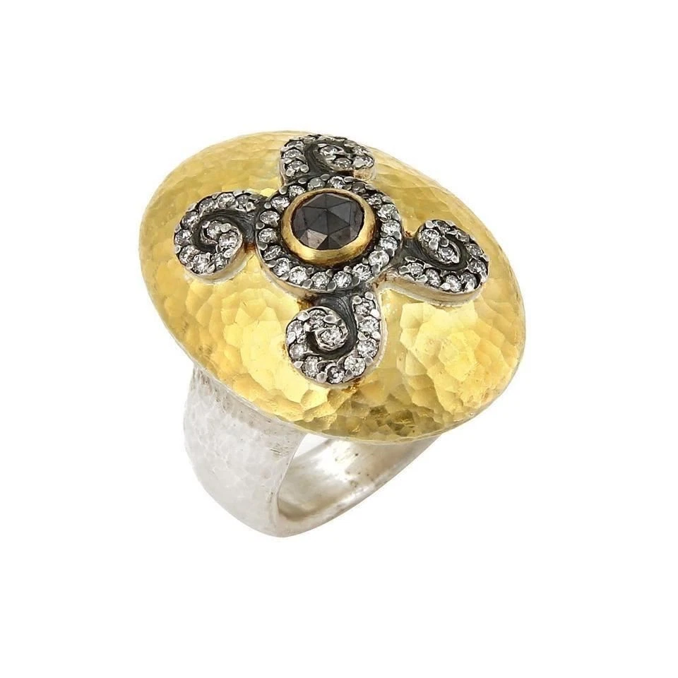 Gurhan Oval Dome Diamond 24k Gold & Sterling Silver Hammered Ring - Size 6.5 - Image 2 of 4
