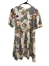 Vintage Nautical Print Short Sleeve Hidden Pockets Button-Front Dress Retro Prep