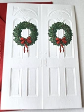 Vintage Christmas Card Hallmark Fold Out White Front Doors with Wreaths
