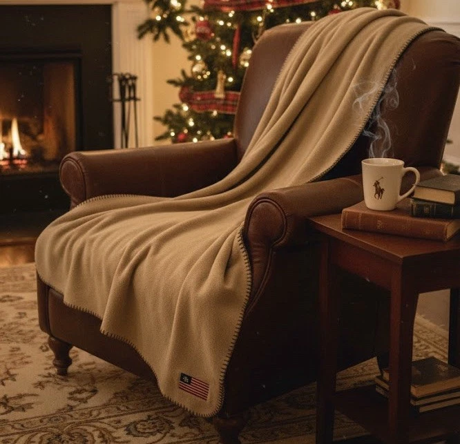 RALPH LAUREN Tan Fleece Blanket 50″×70″ – Flag Embroidered Trending Aesthetic - Image 2 of 4