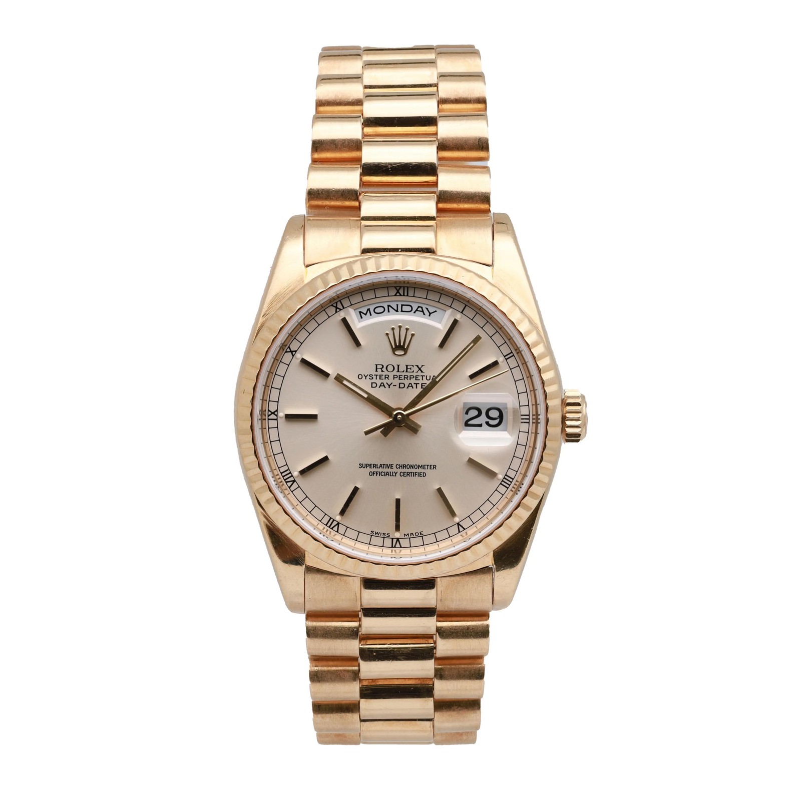 Rolex Day-Date President 36mm 18K Yellow Gold Silver Sticks Dial Watch 18238