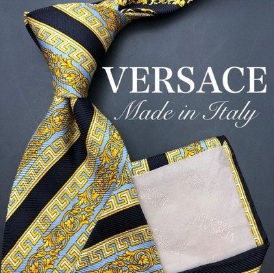 VERSACE Greca Medusa Stripe Necktie Black Gold Yellow Light Blue Silk 146cm