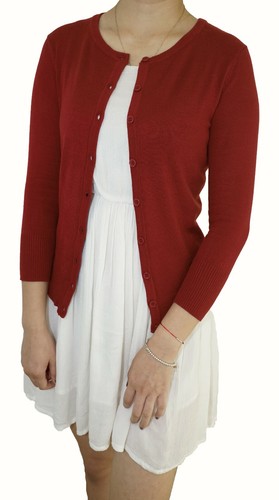 Women 3/4 Sleeve Cardigan Crew Neck Fitted Regular & Plus Size Vintage Inspired - Picture 39 of 42
