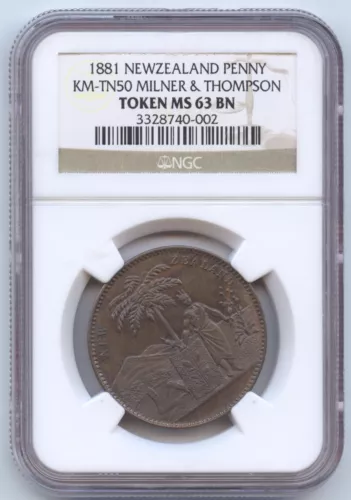 New Zealand 1881 Penny KM-TN50 NGC MS63BN (#1394) Milner & Thompson. 