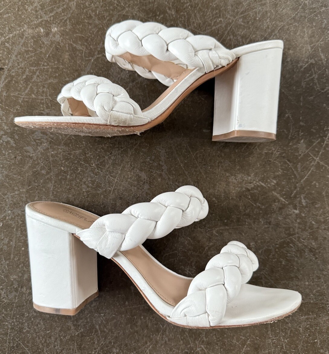 Women's RACHEL ZOE White Leather Braided Slip On High Heel Sandals