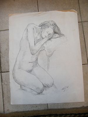 Study Of Nude Kneeling André Simon 1926-2014 2001 Lorraine Artist Charcoal