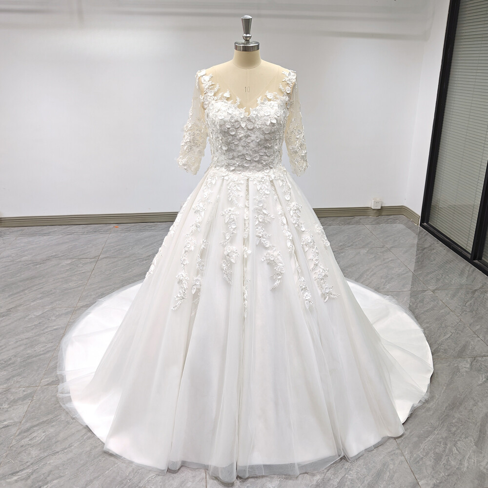 A-Line Wedding Dresses Long Sleeve Princess 3D Beading Flowers Bridal Gown