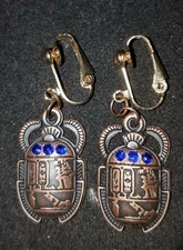 Egyptian Clip On Copper Scarab & Rhinestone Dangle Earrings, Horus Ma'at