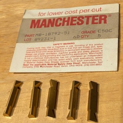 MANCHESTER MB-18792-51 TIN COATED CARBIDE INSERT, GRADE C5GC, 5 PIECE LOT, NEW