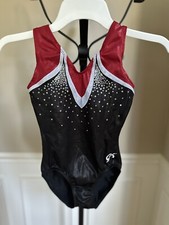 GK Elite Girls Gymnastic Leo Shiny Black, Silver  Red Accents Sz Youth Large