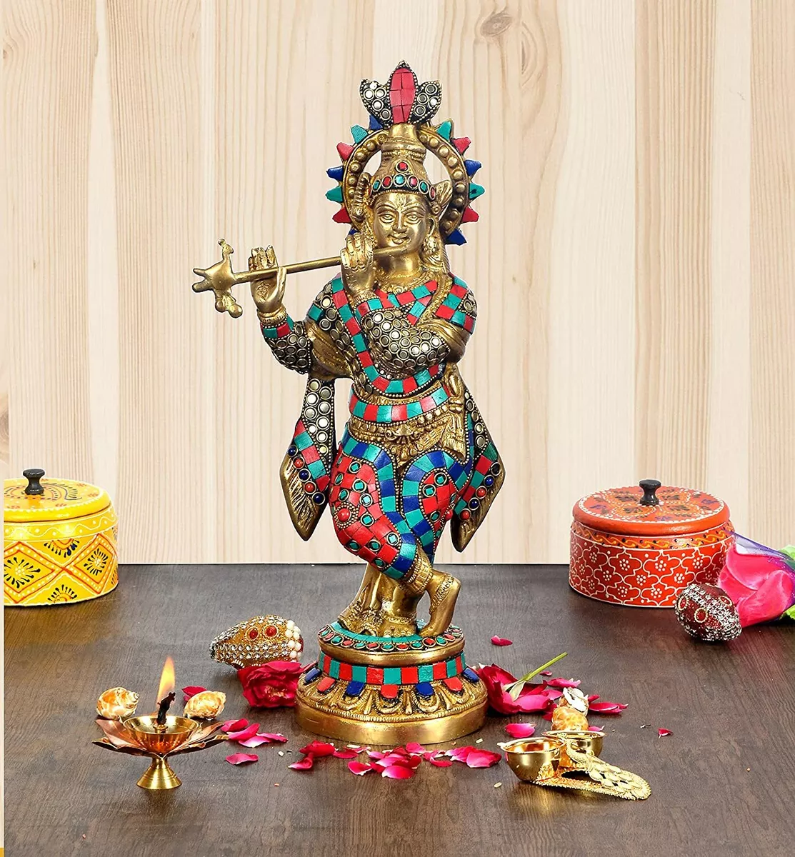 Lord Brass Krishna & Flute Idol God Sculpture Govinda Statue ...