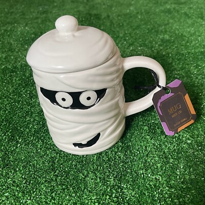 Halloween Mummy sculpted Coffee or Soup Ceramic MUG with lid 18 Fl Oz NEW