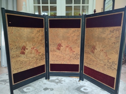 Vintage 4 Panel Folding Room Divider Tapestry Screen French Scene Wood Privacy S
