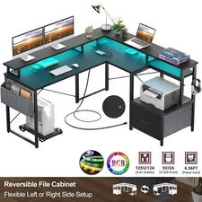 L Shaped Computer Desk with Power Outlet ＆ LED Lights, Office Desk w/File Drawer