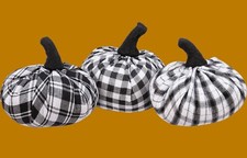 Halloween Fall Pumpkin Sitters 3 Black  White 11" Plaid Stuffed Cloth-Set of 3