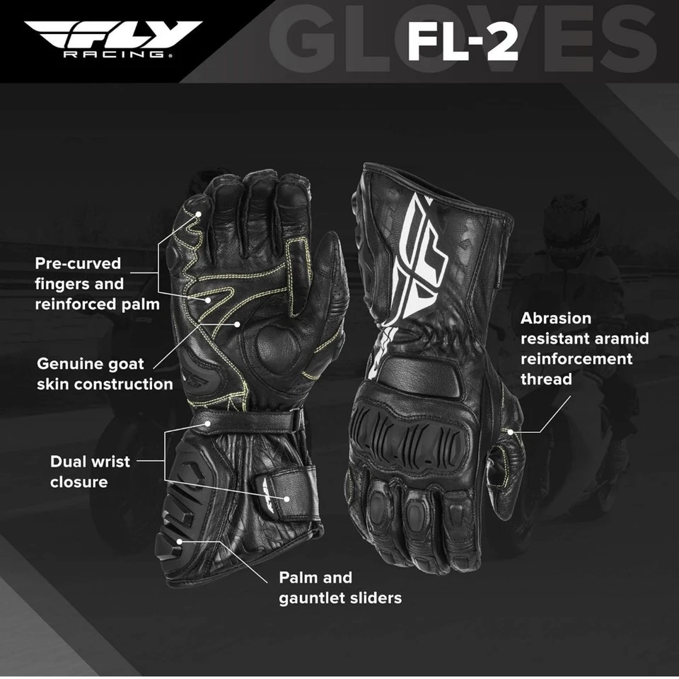 NUEVO Guantes de cuero Fly Racing FL2 para motocicleta, bicicleta de calle, guantelete, negro, XL Foto 3 de 3
