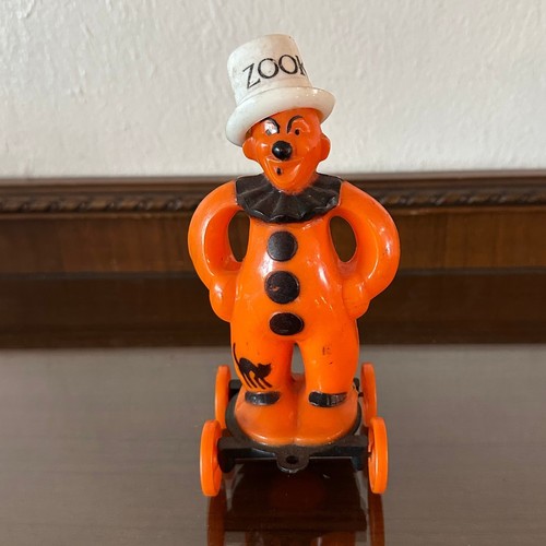 Vintage Rosbro Orange Plastic Clown Pull Toy Zook Top Hat Candy Container 6''