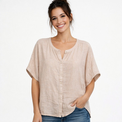 Tahari Linen Shirt M Blush Beige Coastal Minimalist Quiet Luxury Resort Chic