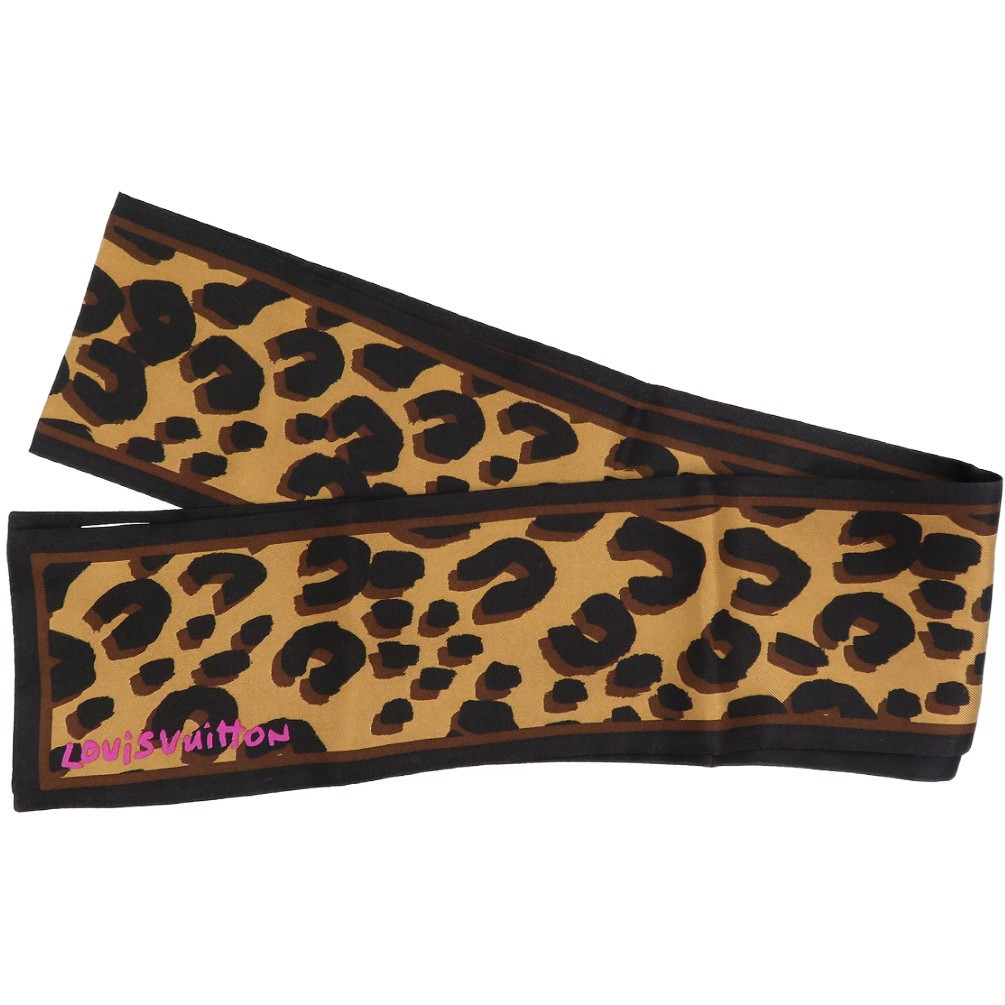 Louis Vuitton Bandou M72394 Leopard Print Silk Scarf in Brown and Black
