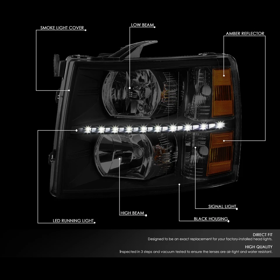 Faros laterales ámbar tintados barra LED DRL para Chevy Silverado 2007-2014 + caja de herramientas Foto 2 de 4