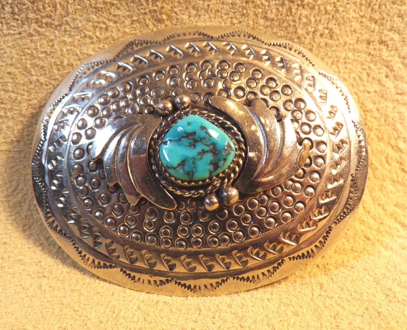 Navajo (Dine) handmade nickel silver & nugget turquoise belt buckle by Mary Joe