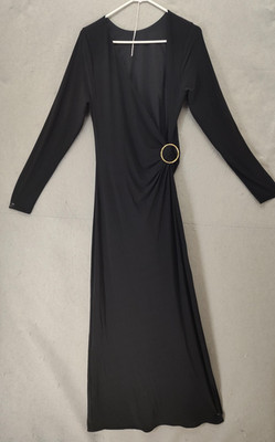 Venus Dress Women Large Black Long Sleeve Maxi Wrap Gold Ring Formal Evening