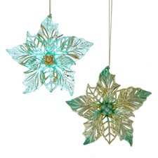 Kurt Adler Aqua Gold Poinsettia Ornament Set T3742 Turquoise Gold