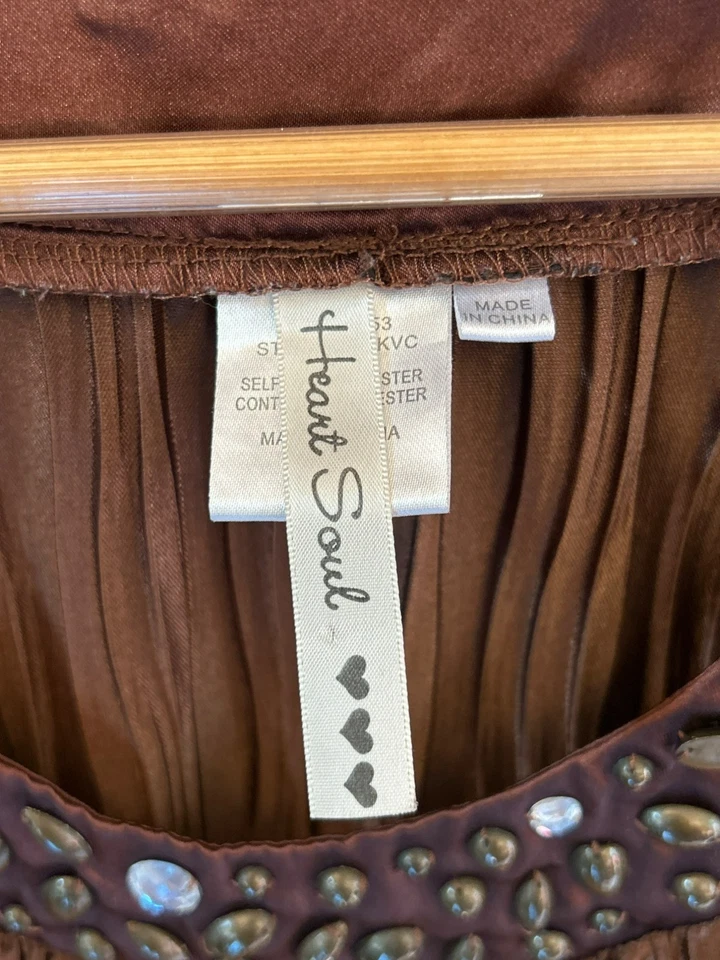 Y2K Vintage Heart Soul Brown Sleeveless Beaded Neckline Pleated Tunic Top Medium - Image 3 of 4