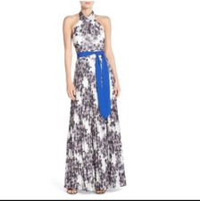 ELIZA J Cobalt Blue White Floral Print  Pleated Maxi Dress Size 8 NWT