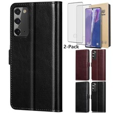 For Samsung Galaxy Note20 Ultra Leather Magnetic Case Cover / 2x Tempered Glass